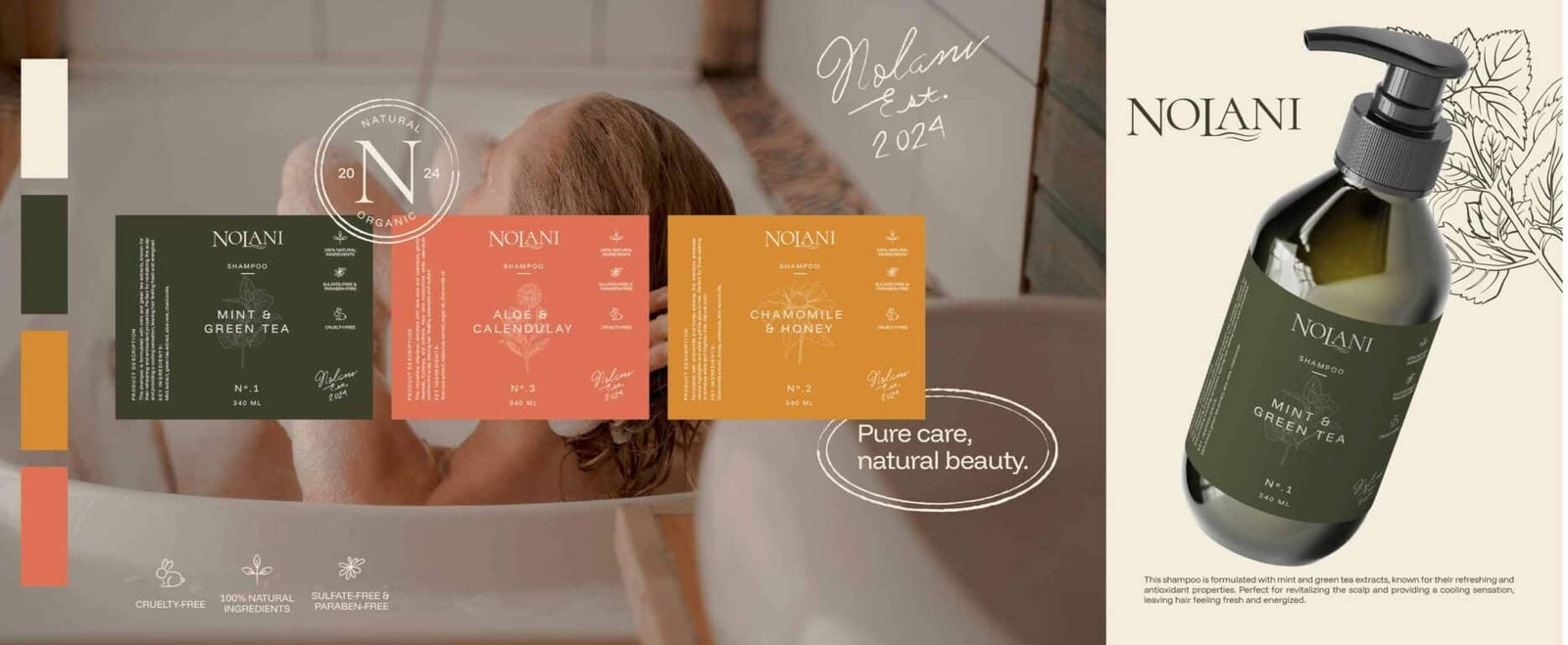 Collage de la línea de champús Nolani que muestra tres variantes: Menta y Té Verde (verde), Aloe y Caléndula (salmón) y Manzanilla y Miel (amarillo). Incluye etiquetas con iconos de "Cruelty-free" y "100% Natural", además de un render de la botella de vidrio ámbar con dispensador.