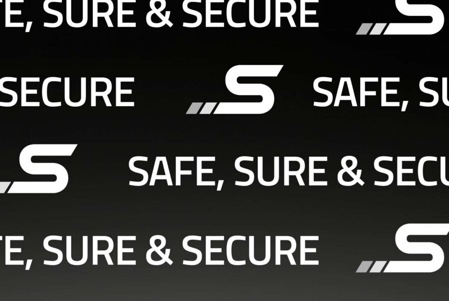 Sistema visual de marca TRIPLES con repetición del slogan “Safe, Sure & Secure” en composición tipográfica