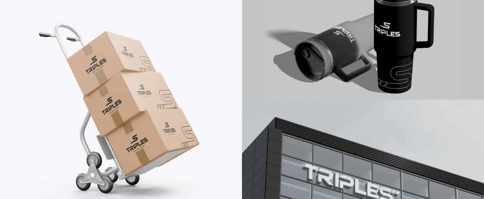 Aplicaciones de marca TRIPLES en packaging, termos y fachada corporativa en diseño industrial